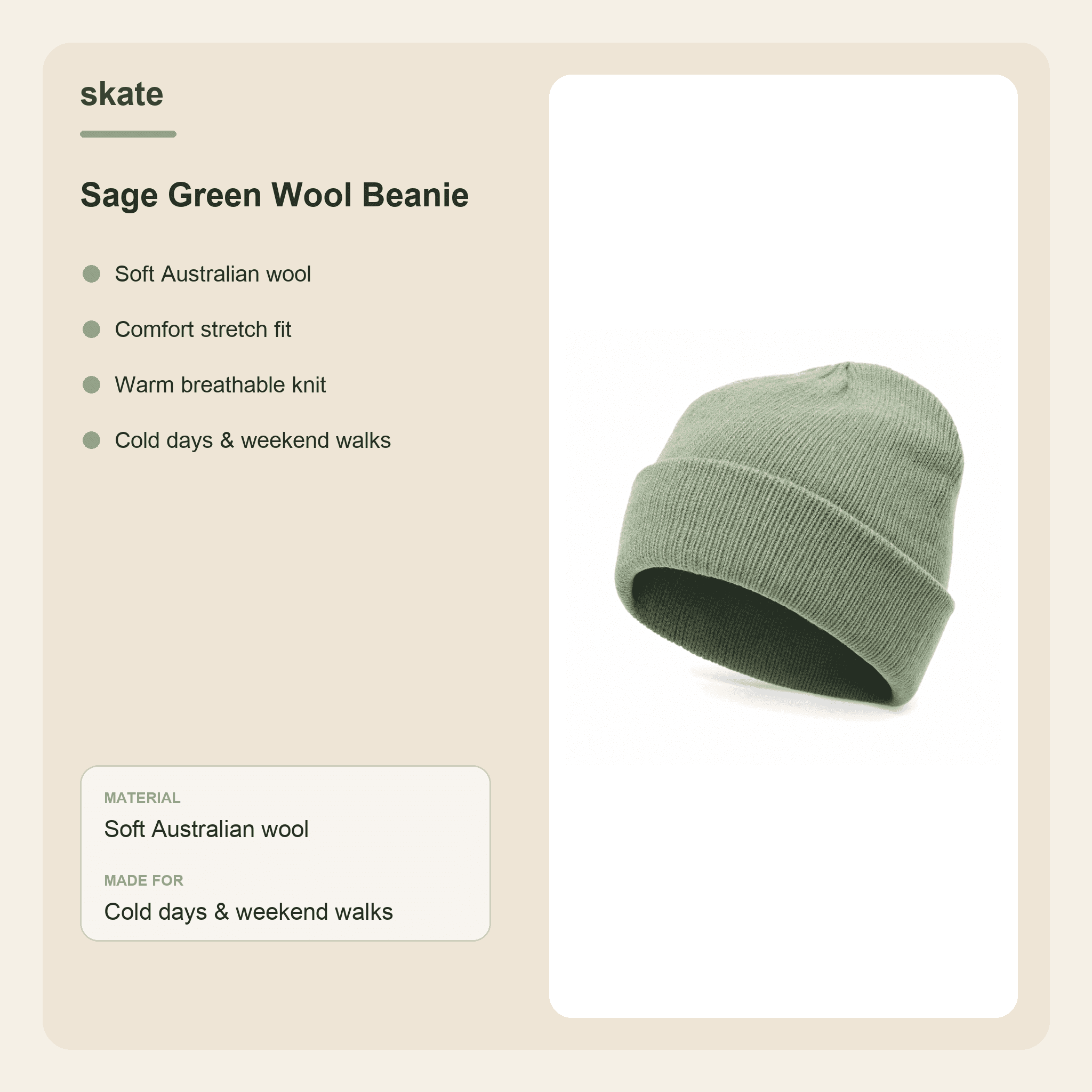 Sage Green Wool Beanie Details