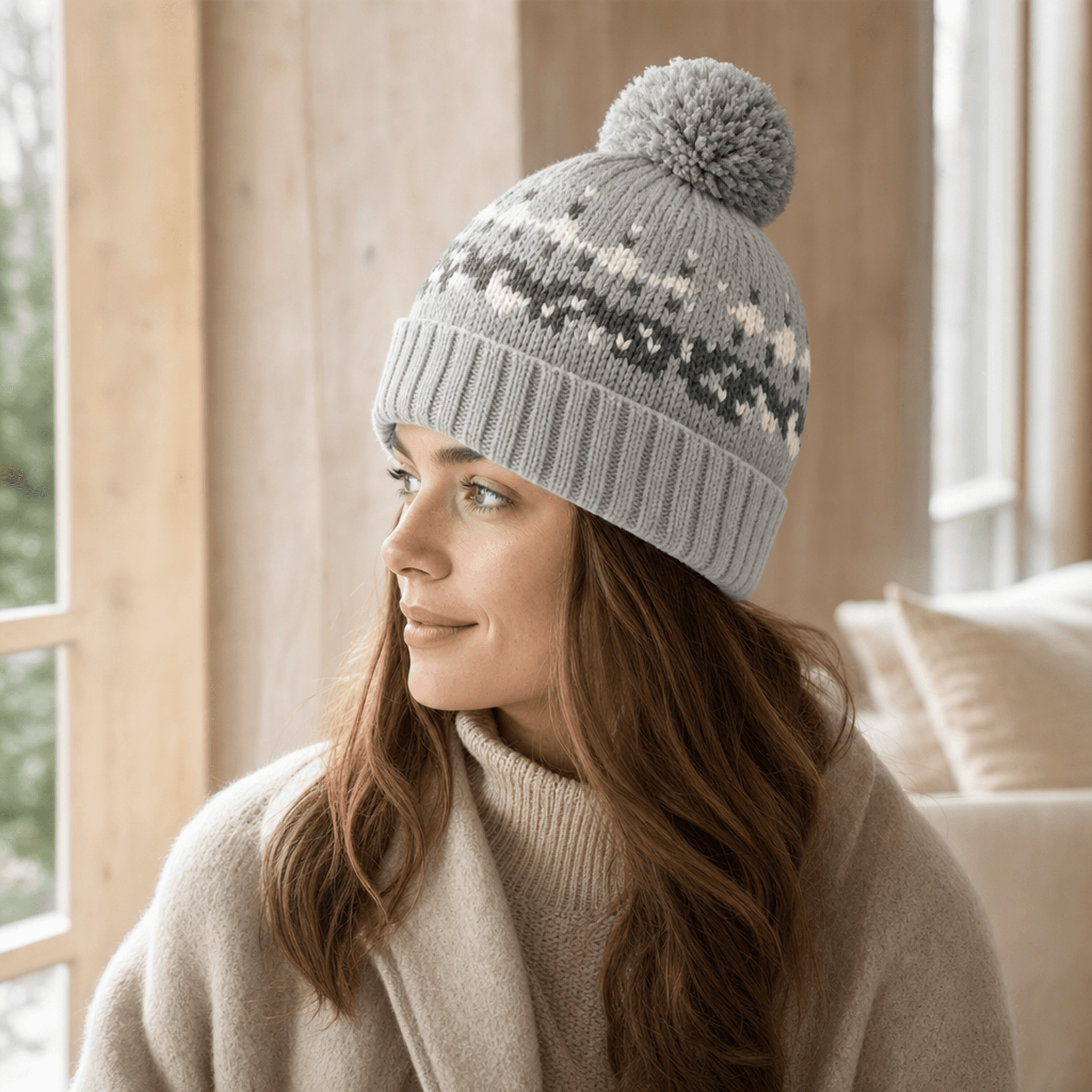 Grey Pom Pom Wool Hat — alternate view