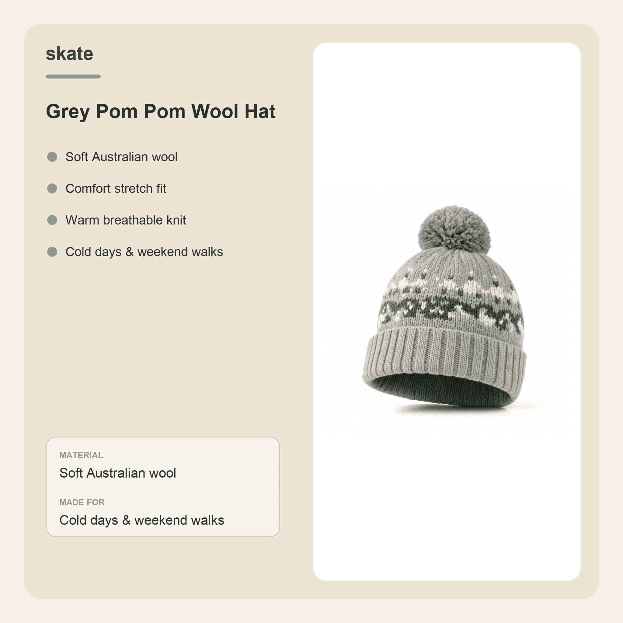 Grey Pom Pom Wool Hat Details