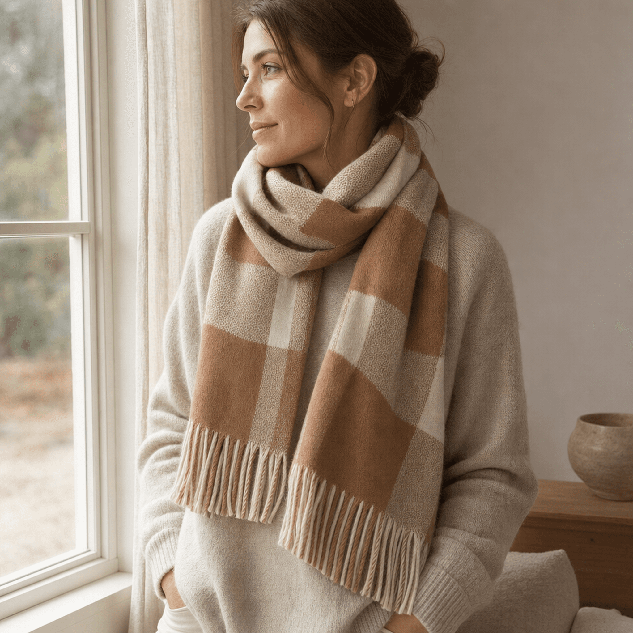 Camel Check Wool Scarf — alternate view