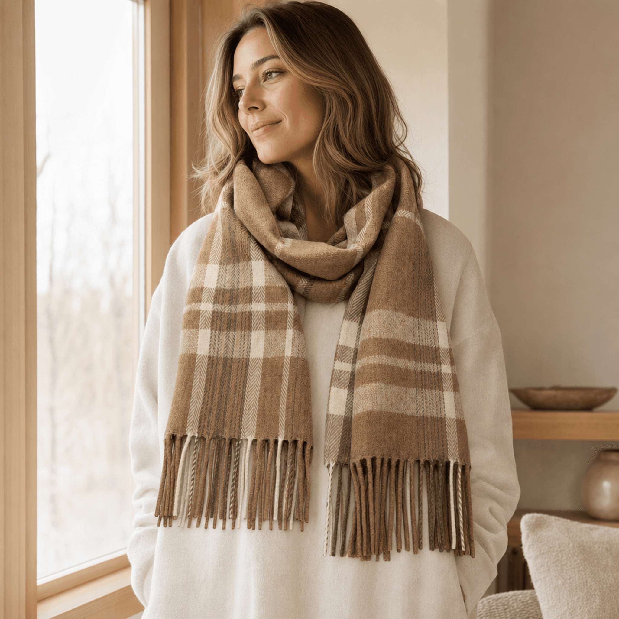 Brown Tartan Wool Scarf — alternate view