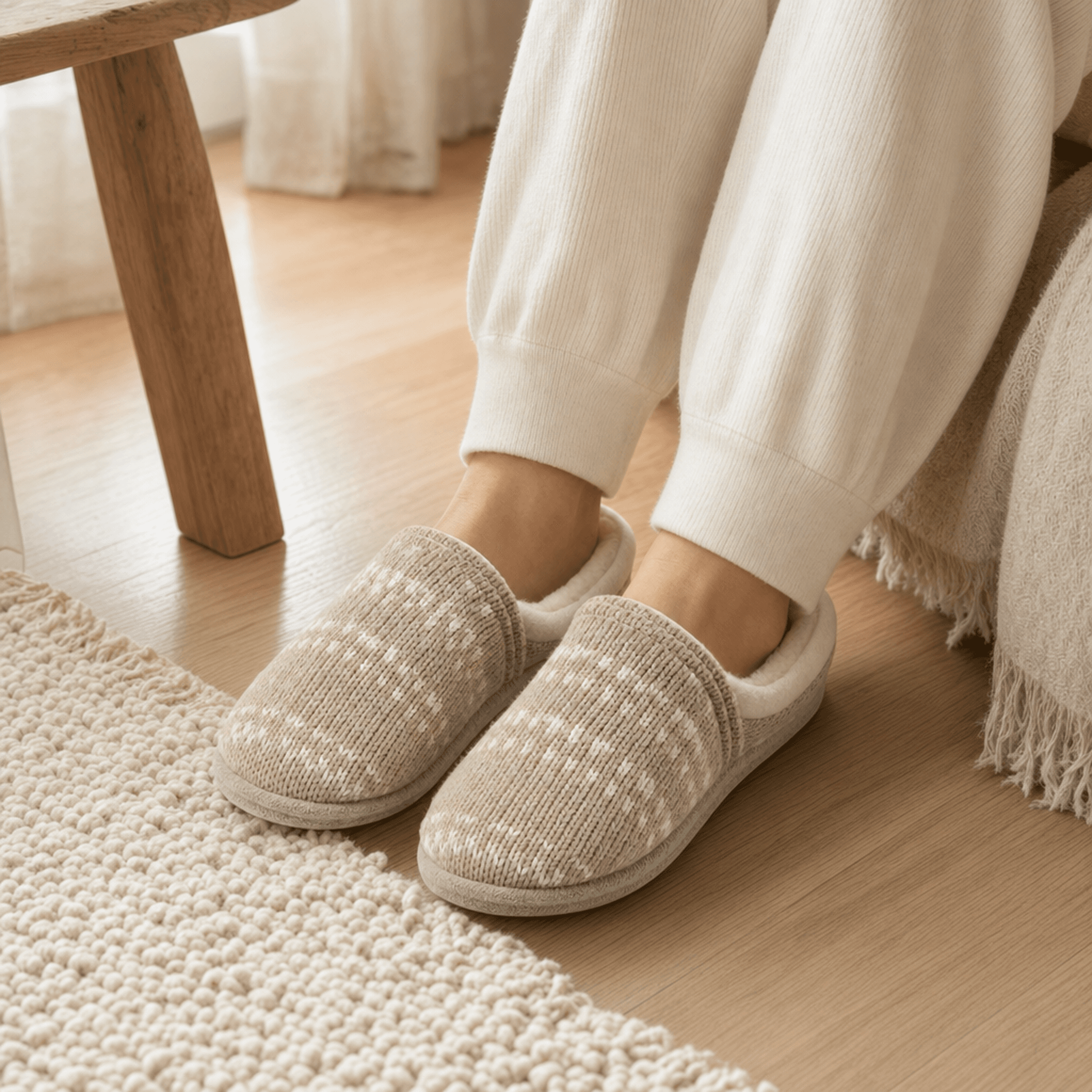 Pink Beige Wool Slippers — alternate view