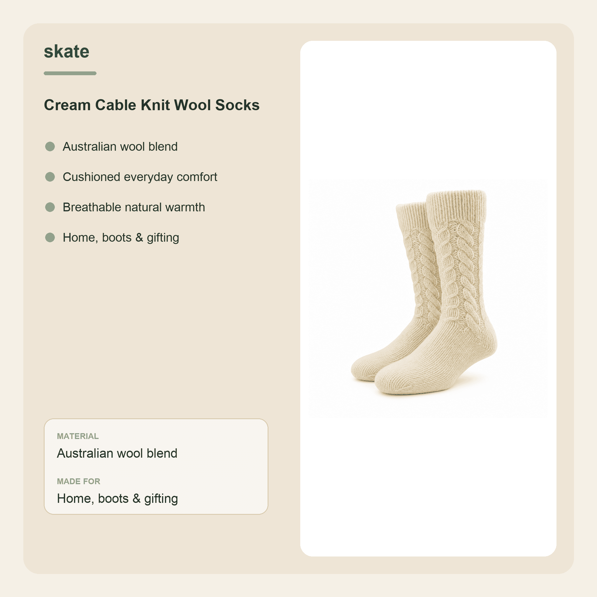Cream Cable Knit Wool Socks Details